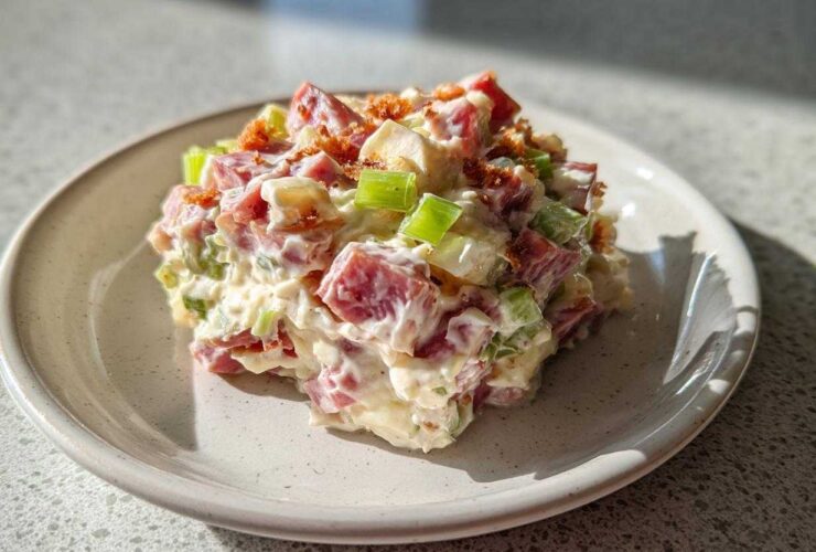 A scoop of creamy ham salad with diced ham, celery, and crispy topping on a speckled white plate.