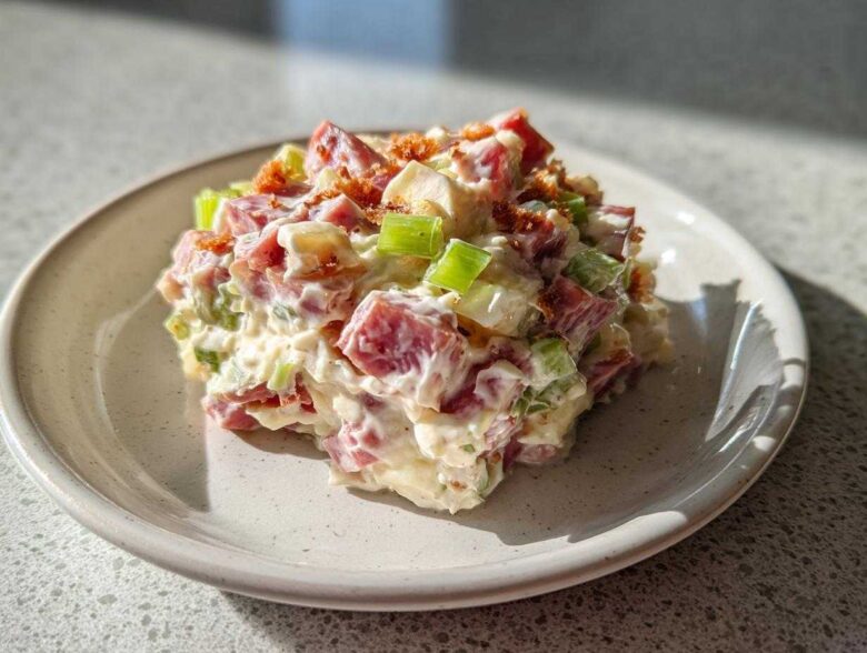 A scoop of creamy ham salad with diced ham, celery, and crispy topping on a speckled white plate.