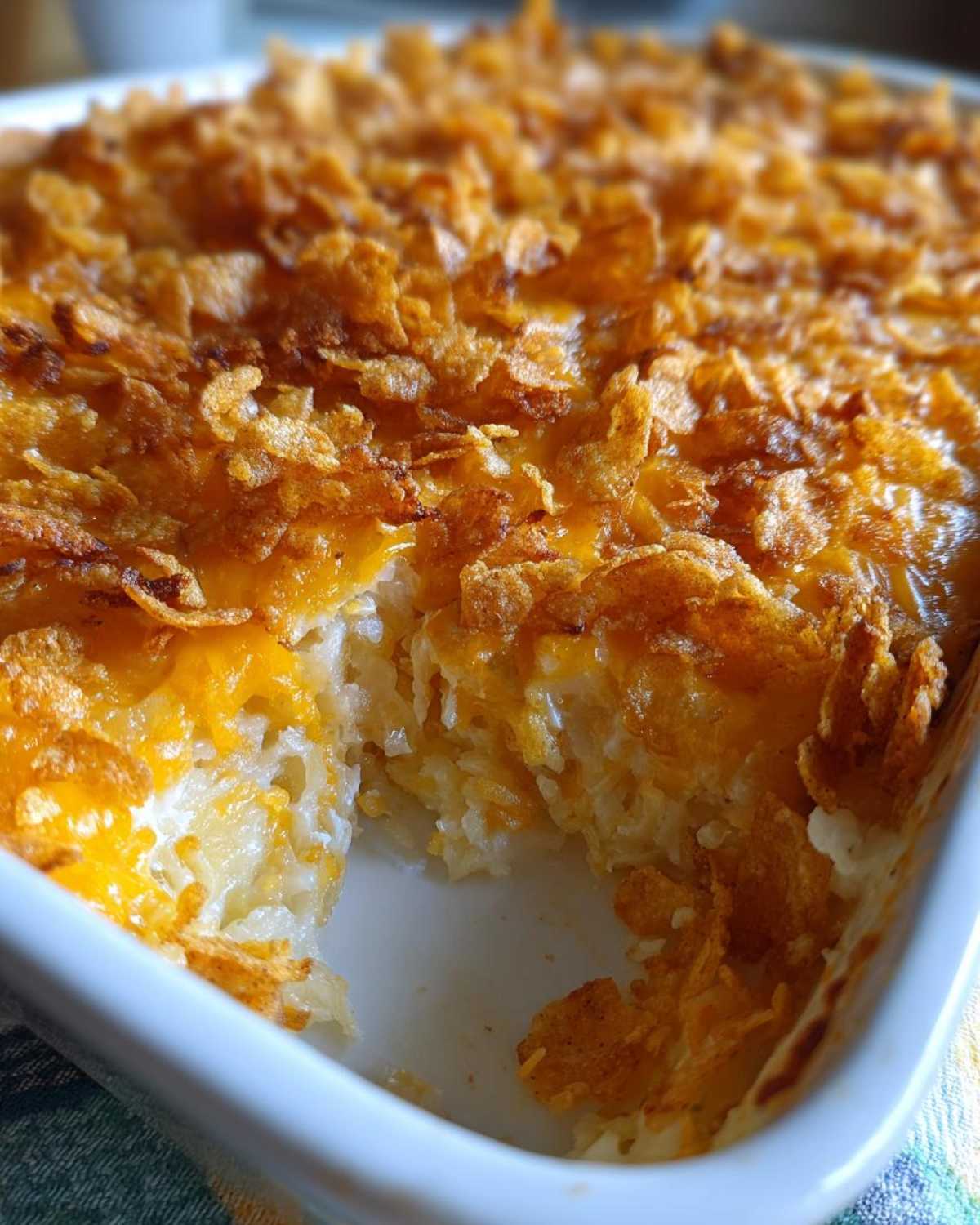 Close-up of a baked hashbrown casserole with melted cheddar cheese and a crispy cornflake topping.