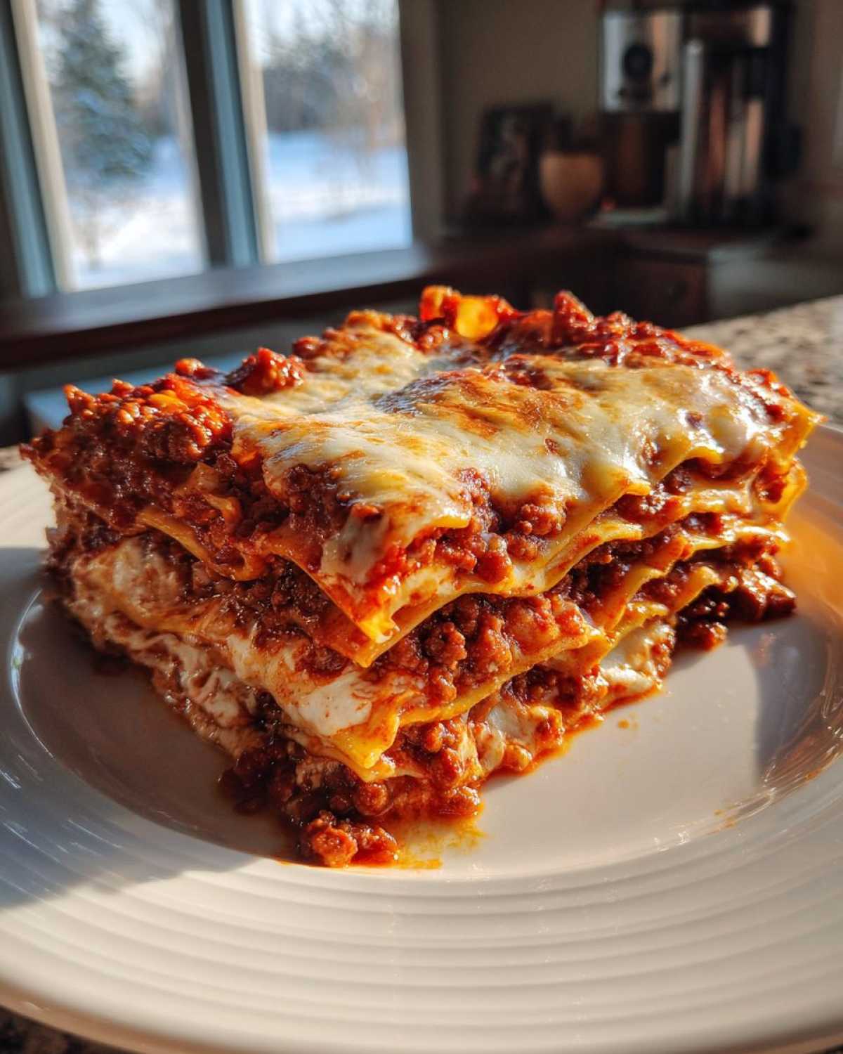 A thick, layered slice of amazing lasagna with rich meat sauce and melted mozzarella cheese on a white plate.