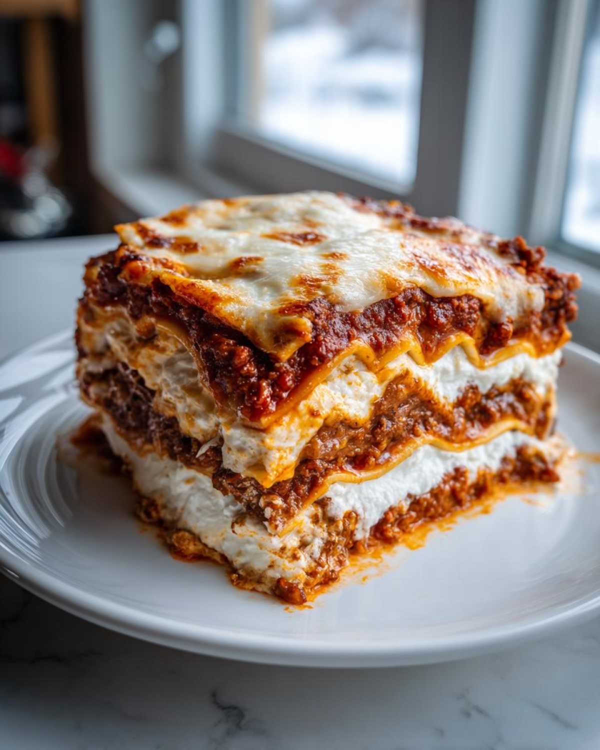 A tall, thick slice of amazing lasagna featuring layers of pasta, meat sauce, and ricotta cheese, topped with melted mozzarella.
