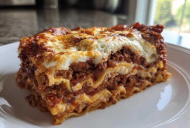 Close-up of a thick, cheesy slice of amazing lasagna featuring layers of pasta, rich meat sauce, and browned cheese topping.