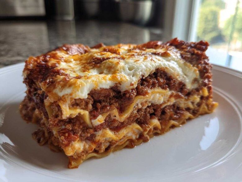 Close-up of a thick, cheesy slice of amazing lasagna featuring layers of pasta, rich meat sauce, and browned cheese topping.