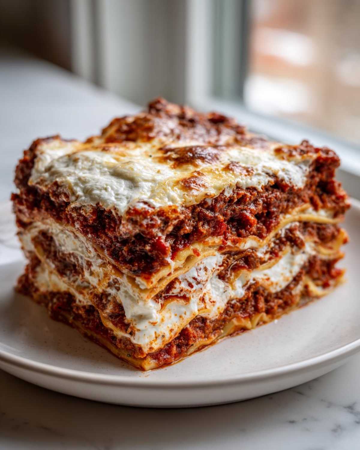 A tall, four-layered slice of rich lasagna with meat sauce and creamy cheese filling, served on a white plate.