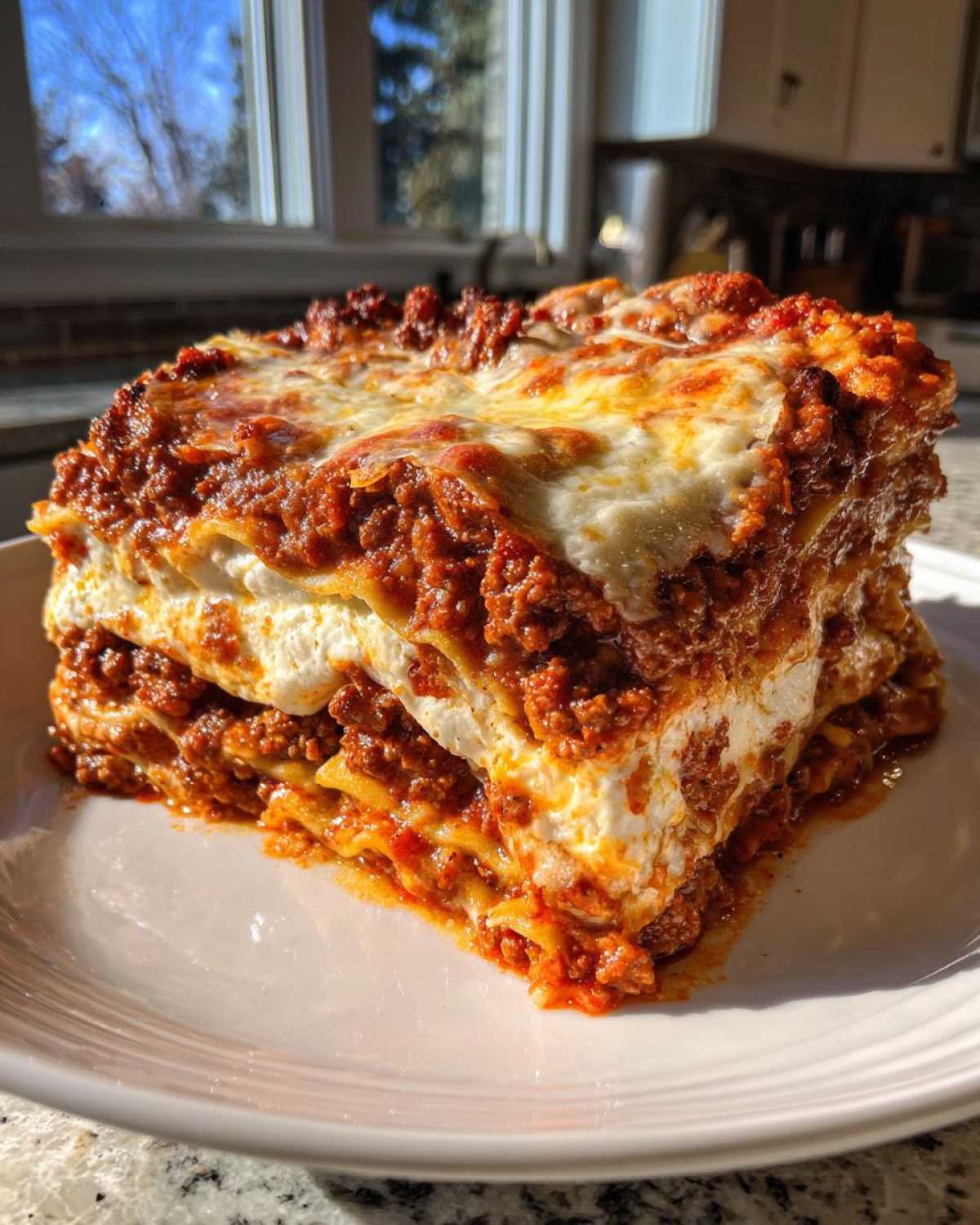 A tall, thick slice of homemade lasagna with layers of pasta, rich meat sauce, and melted cheese.