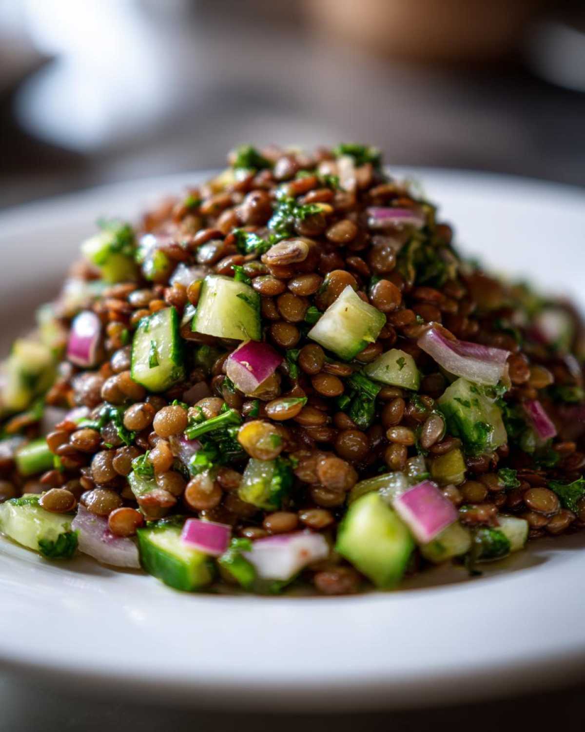 A close-up, vibrant mound of homemade lentil salad featuring brown lentils, diced cucumber, red onion, and fresh herbs.