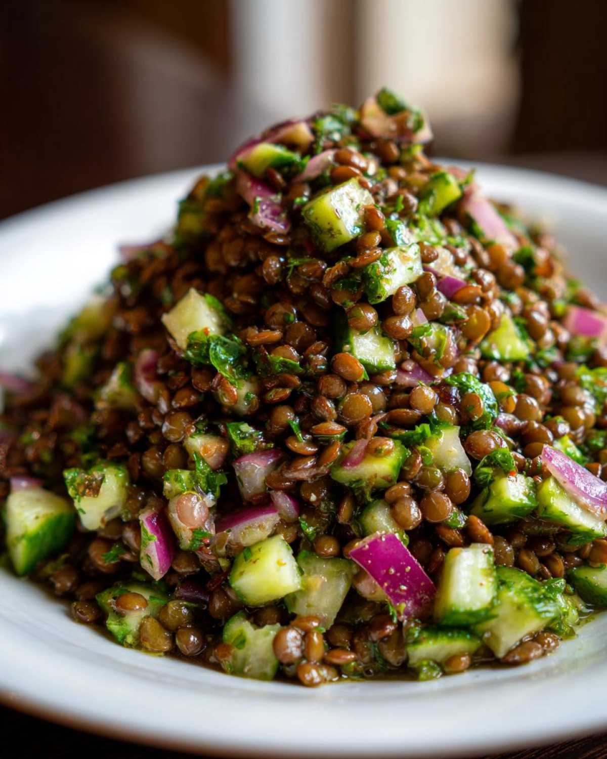 Close-up of a vibrant lentil salad featuring brown lentils, diced cucumber, and bright red onion.