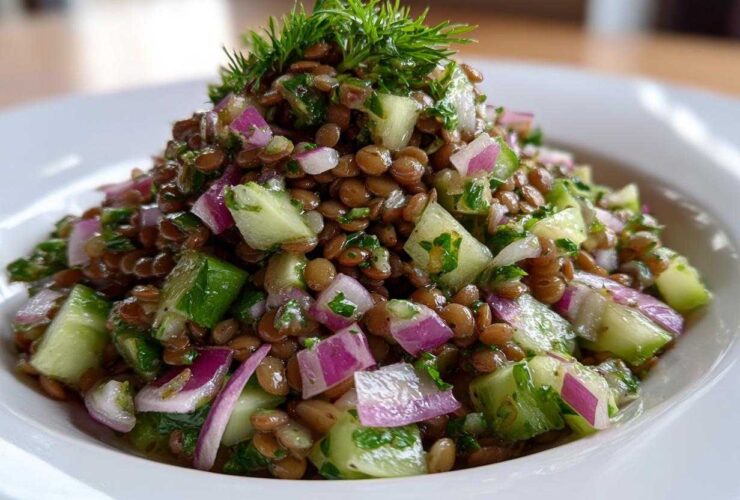 Close-up of a vibrant lentil salad featuring brown lentils, diced cucumber, red onion, and fresh dill garnish.