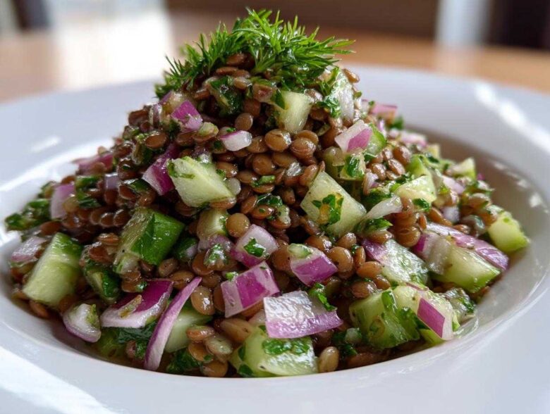Close-up of a vibrant lentil salad featuring brown lentils, diced cucumber, red onion, and fresh dill garnish.