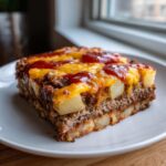A hearty slice of meatloaf casserole layered with potatoes, topped with melted cheddar cheese and ketchup.