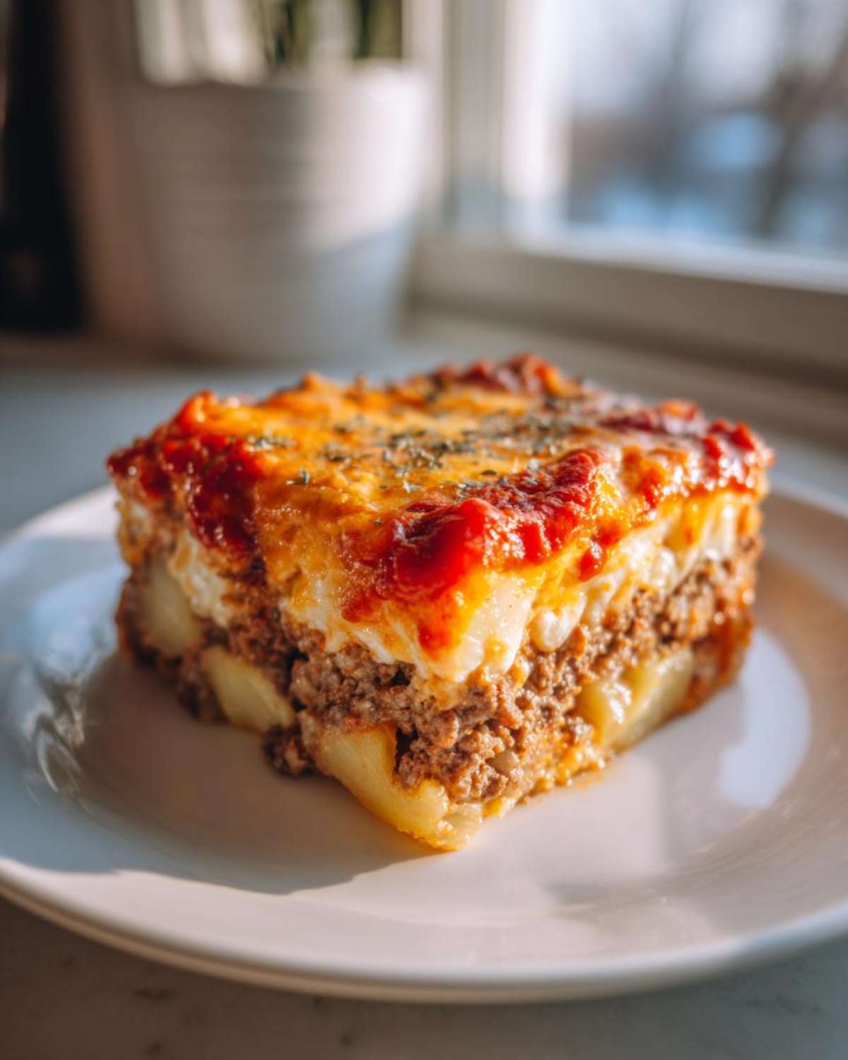A square slice of hearty meatloaf casserole featuring layers of ground meat and potatoes, topped with melted cheese and tomato sauce.