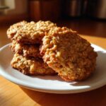 A stack of four golden brown oatmeal cookie treats resting on a small white plate, highlighted by sunlight.