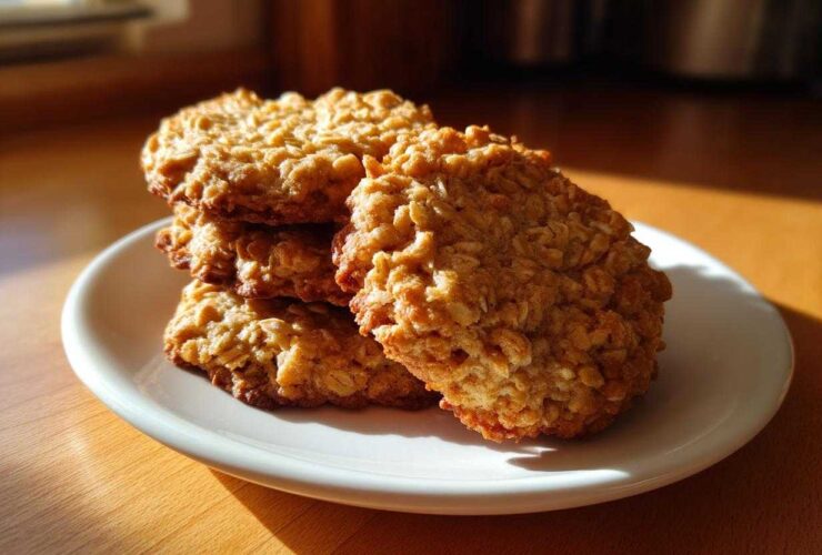 A stack of four golden brown oatmeal cookie treats resting on a small white plate, highlighted by sunlight.