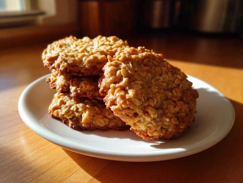 A stack of four golden brown oatmeal cookie treats resting on a small white plate, highlighted by sunlight.