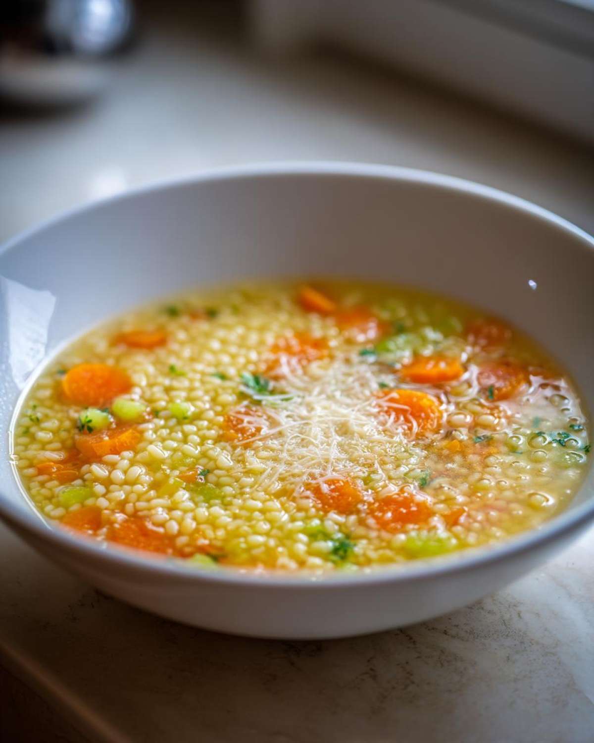 Close-up of a white bowl filled with hot pastina soup, featuring small pasta, sliced carrots, and grated cheese.