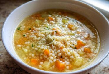 Close-up of a white bowl filled with amazing pastina soup, featuring small pasta, carrots, celery, and shredded cheese.