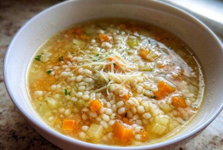 Close-up of a white bowl filled with amazing pastina soup, featuring small pasta, carrots, celery, and shredded cheese.