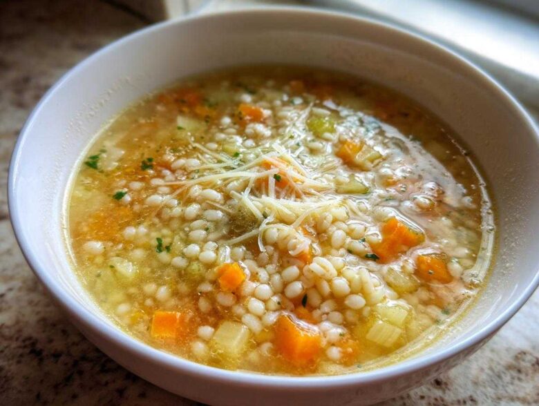 Close-up of a white bowl filled with amazing pastina soup, featuring small pasta, carrots, celery, and shredded cheese.