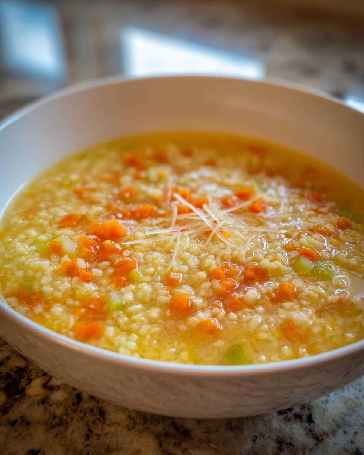 Close-up of a white bowl filled with amazing pastina soup, featuring small pasta, diced carrots, and topped with shredded cheese.