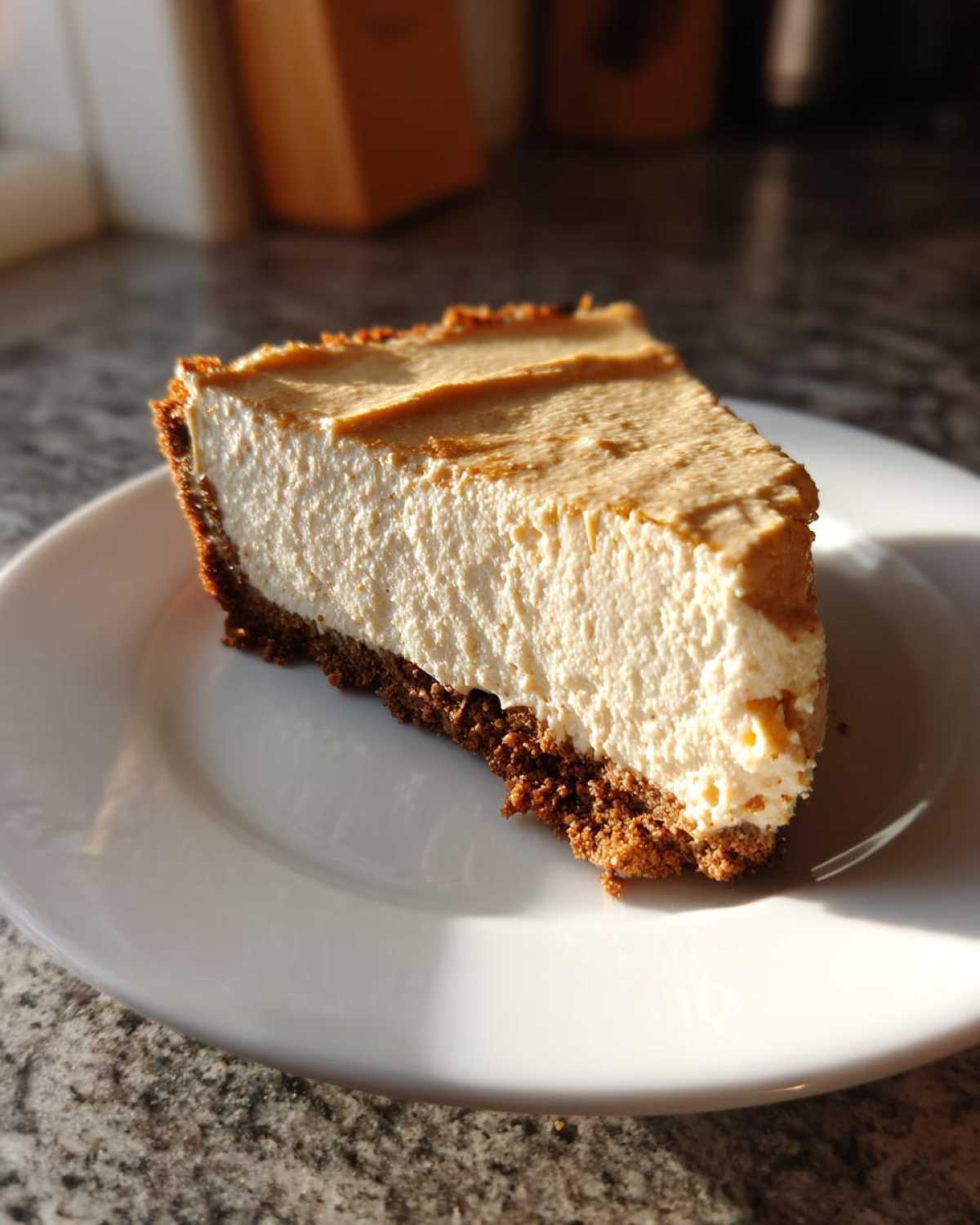 A close-up slice of creamy, no-bake peanut butter pie with a dark crust, served on a white plate.