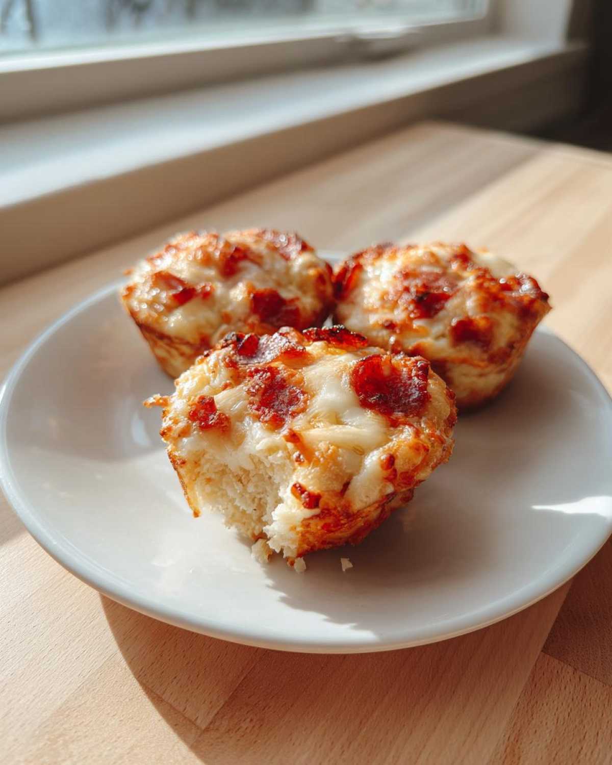 Three golden brown pizza muffins topped with melted cheese and pepperoni, served on a white plate. One pizza muffin has a bite taken out.