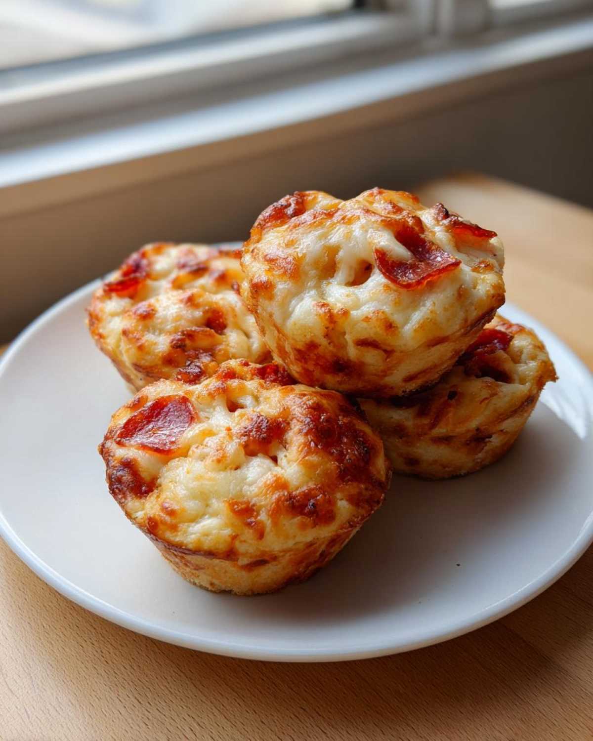 Four golden-brown pizza muffins topped with melted, bubbly cheese and pepperoni slices, stacked on a white plate.