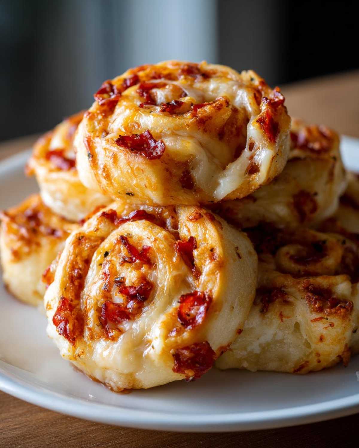 A stack of freshly baked, golden brown pizza pinwheels filled with melted cheese and pepperoni pieces.