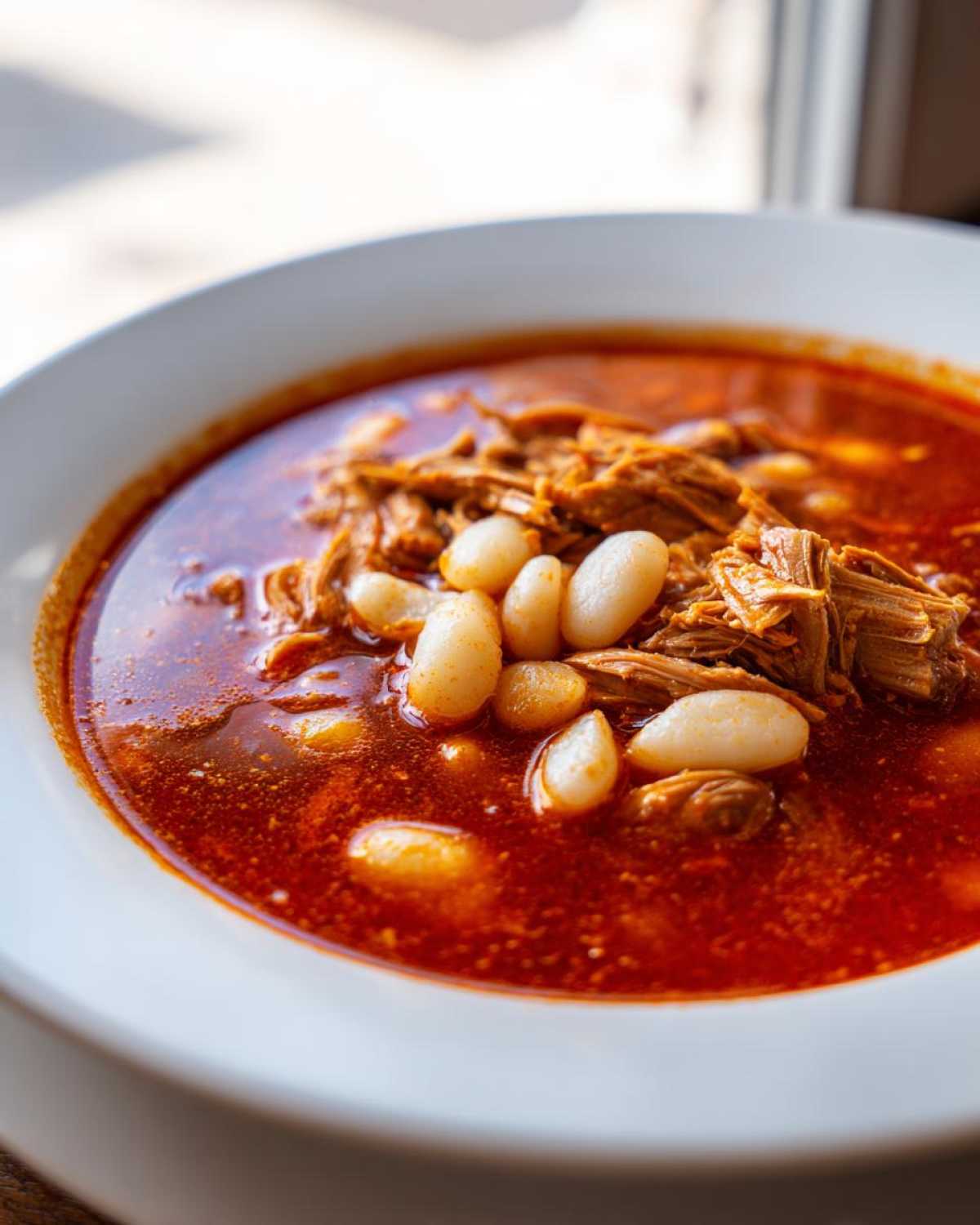Close-up of a bowl of amazing Pozole rojo featuring shredded meat and hominy in a vibrant red broth.