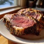 Close-up of medium-rare prime rib slices showing a flavorful herb crust and juicy pink center.