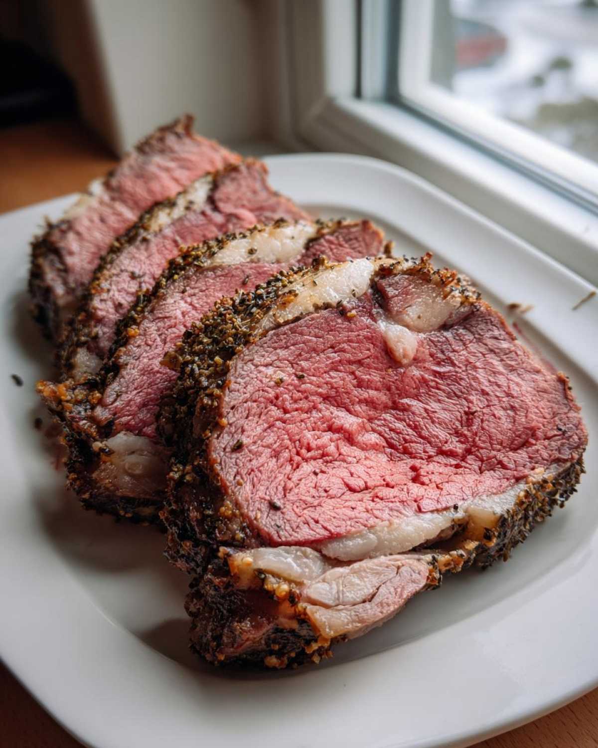 Four thick slices of medium-rare prime rib with a dark herb crust resting on a white plate.