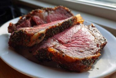 Slices of medium-rare prime rib roast, crusted with herbs, resting on a white plate.