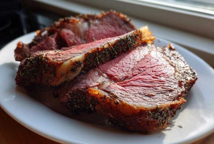 Slices of medium-rare prime rib roast, crusted with herbs, resting on a white plate.