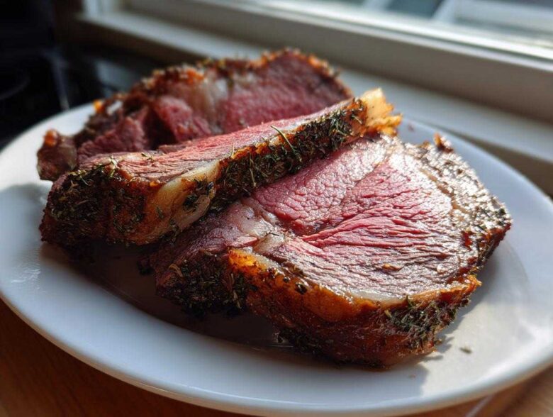 Slices of medium-rare prime rib roast, crusted with herbs, resting on a white plate.