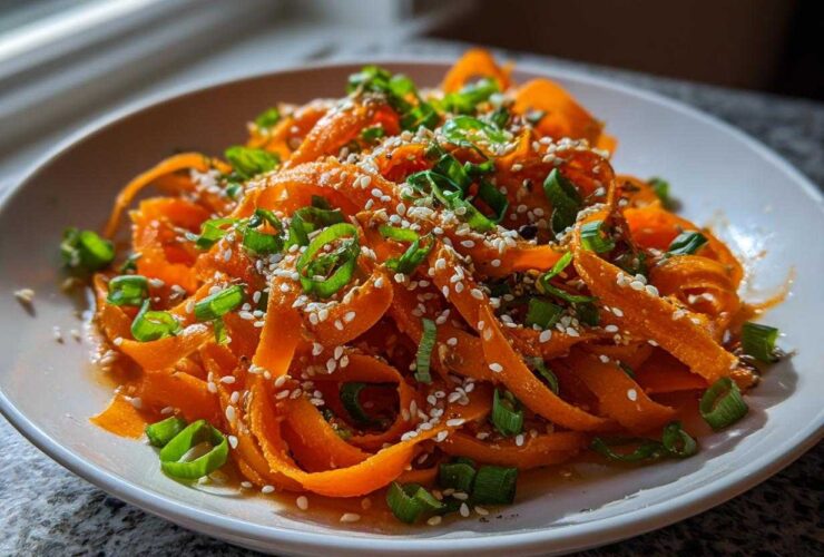 Close-up of a vibrant raw carrot salad made with shaved carrot ribbons, topped with sesame seeds and chopped green onions.