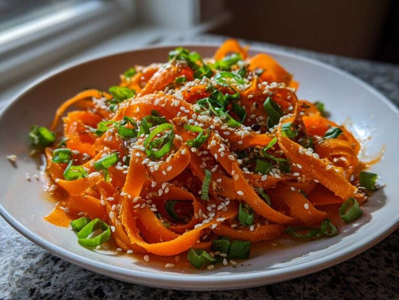 Close-up of a vibrant raw carrot salad made with shaved carrot ribbons, topped with sesame seeds and chopped green onions.