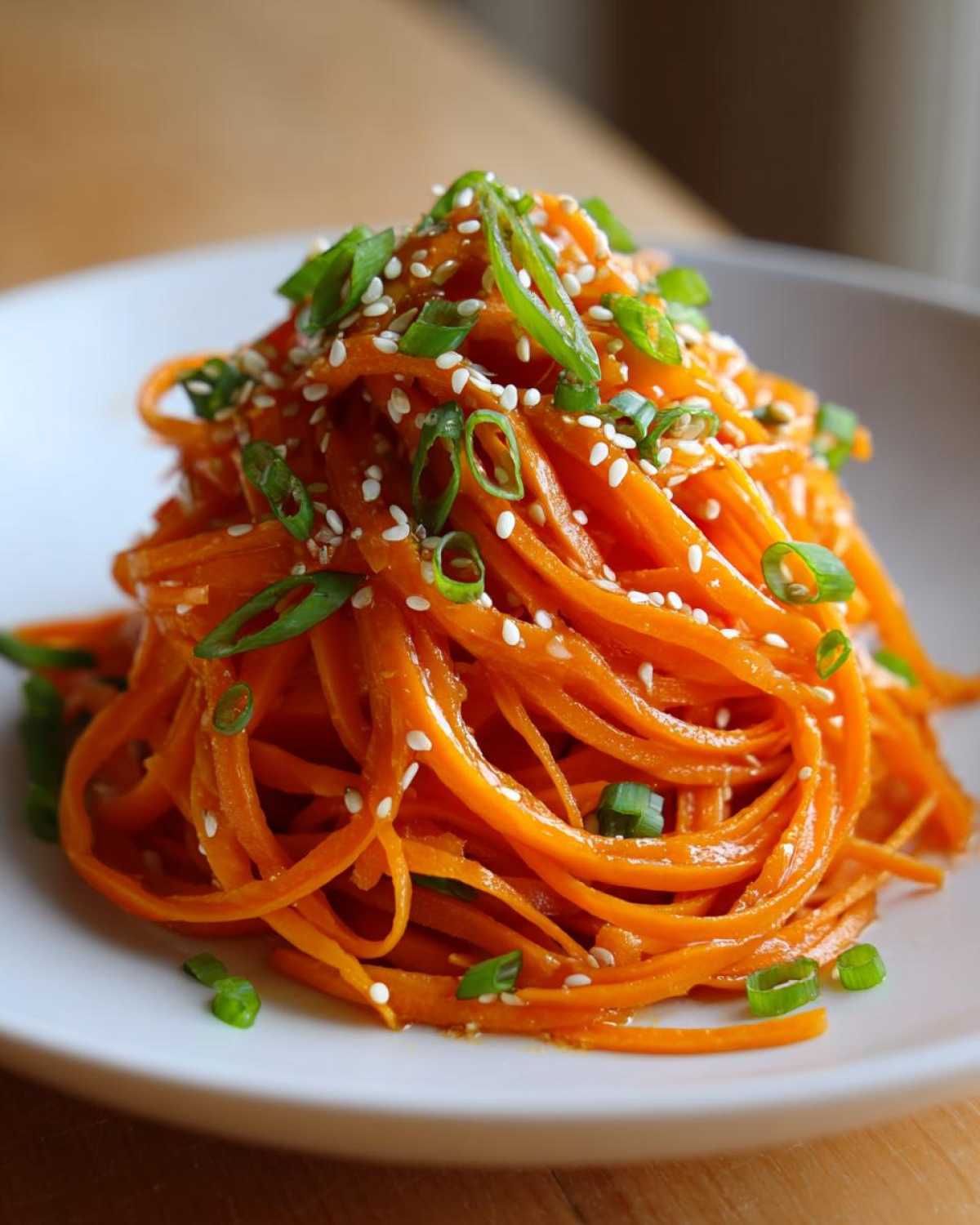 Close-up of a mound of bright orange raw carrot salad, topped with sesame seeds and sliced green onions.