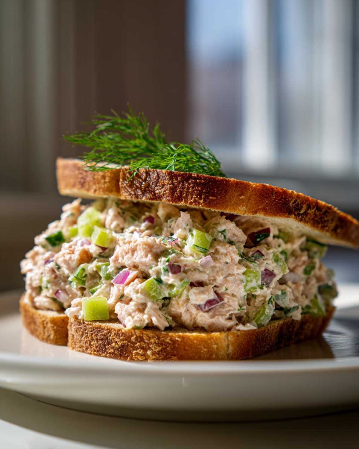 A thick, delicious salmon salad sandwich on toasted bread, garnished with fresh dill.