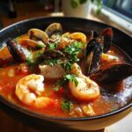 Close-up of a bowl of rich, red seafood soup featuring shrimp, mussels, clams, and white fish, garnished with parsley.