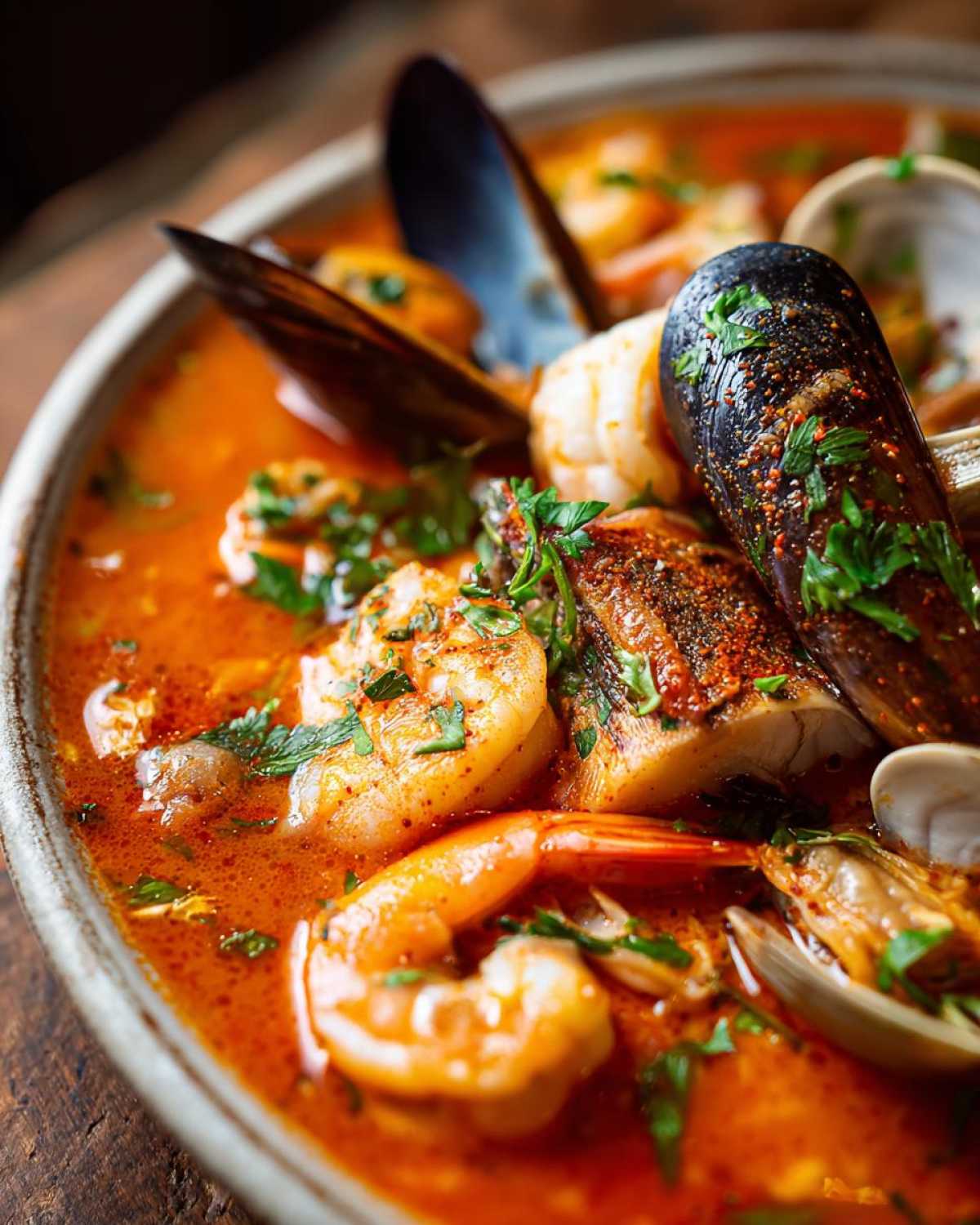 Close-up of a rich, red broth seafood soup loaded with shrimp, mussels, clams, and fish, garnished with parsley.