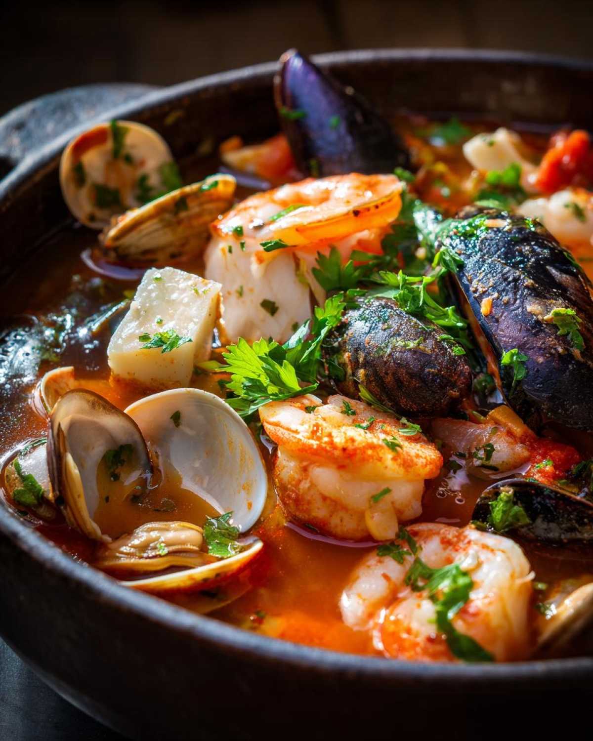 Close-up of a rich, flavorful seafood soup loaded with shrimp, mussels, clams, white fish, and fresh parsley.