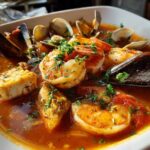 A vibrant bowl of amazing seafood soup featuring large shrimp, mussels, clams, and chunks of fish in a rich tomato broth.