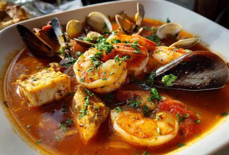 A vibrant bowl of amazing seafood soup featuring large shrimp, mussels, clams, and chunks of fish in a rich tomato broth.