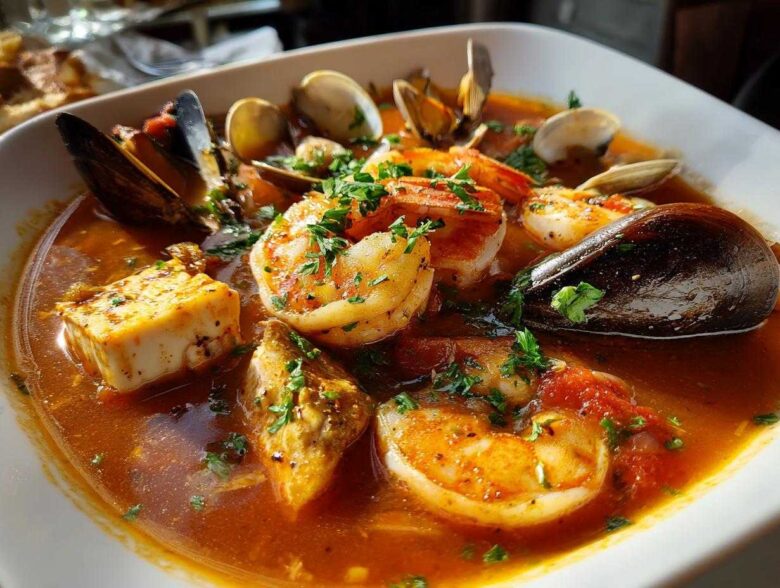 A vibrant bowl of amazing seafood soup featuring large shrimp, mussels, clams, and chunks of fish in a rich tomato broth.