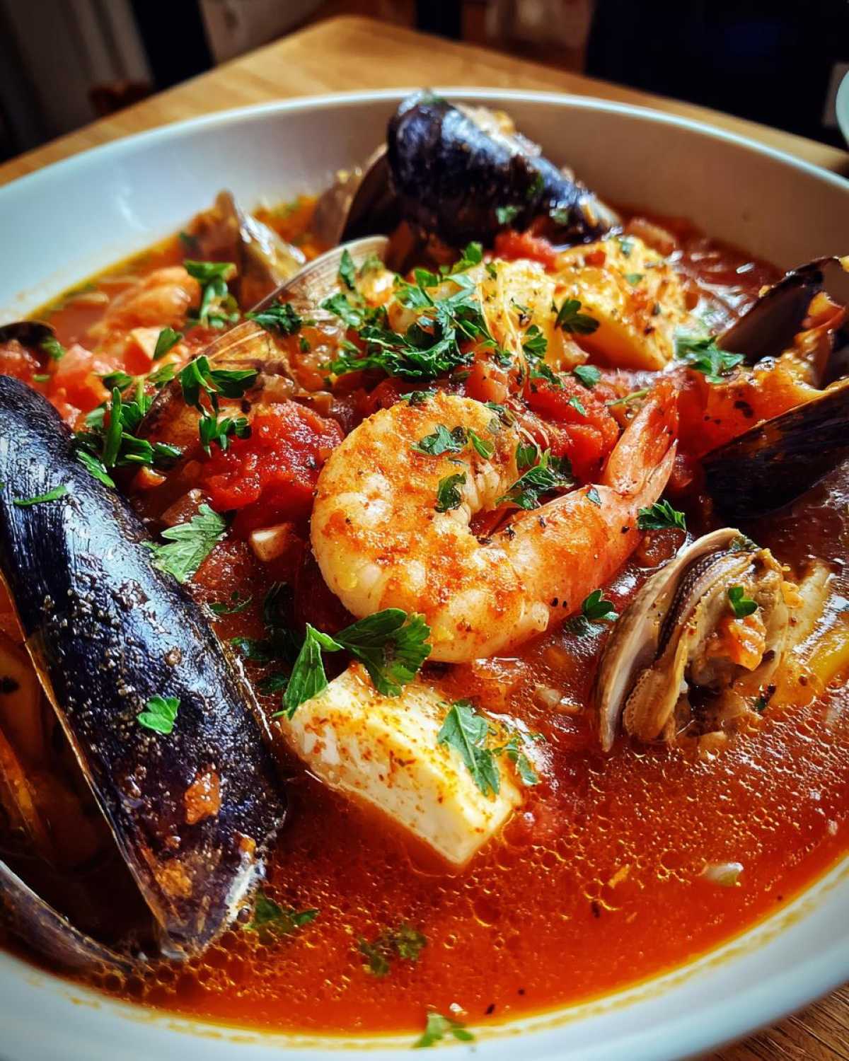 Close-up of a vibrant red seafood soup loaded with shrimp, mussels, clams, and white fish chunks.