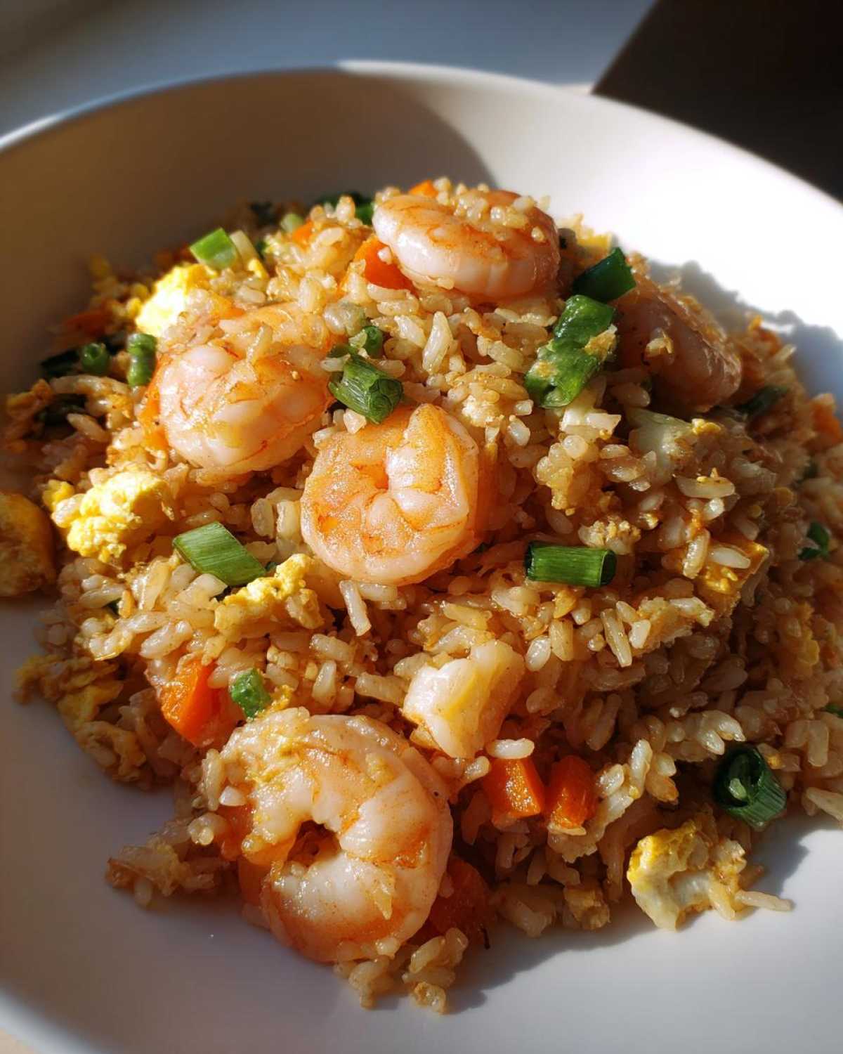 A close-up, sunlit bowl of amazing shrimp fried rice featuring plump shrimp, scrambled egg, carrots, and green onions.