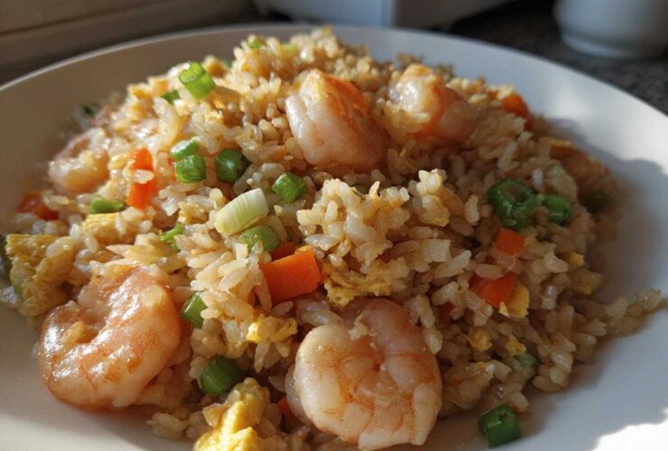 A close-up, sunlit view of a plate piled high with amazing shrimp fried rice, featuring plump shrimp, scrambled egg, carrots, and green onions.