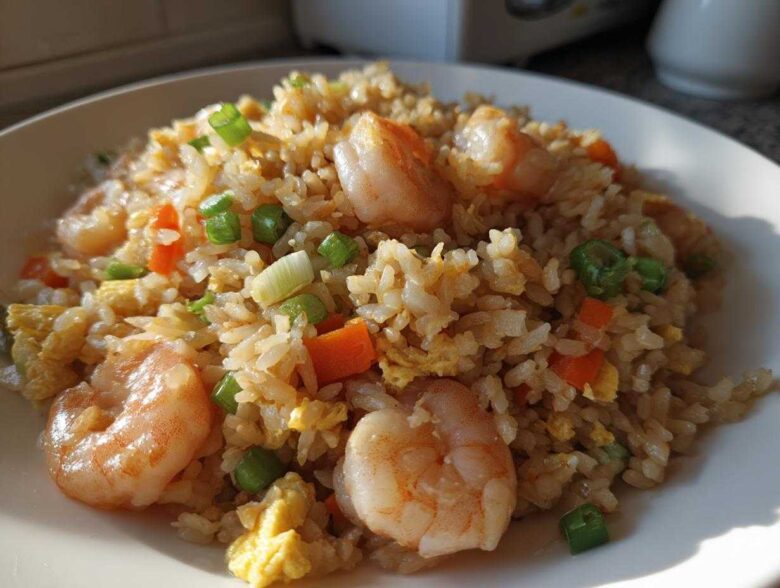 A close-up, sunlit view of a plate piled high with amazing shrimp fried rice, featuring plump shrimp, scrambled egg, carrots, and green onions.