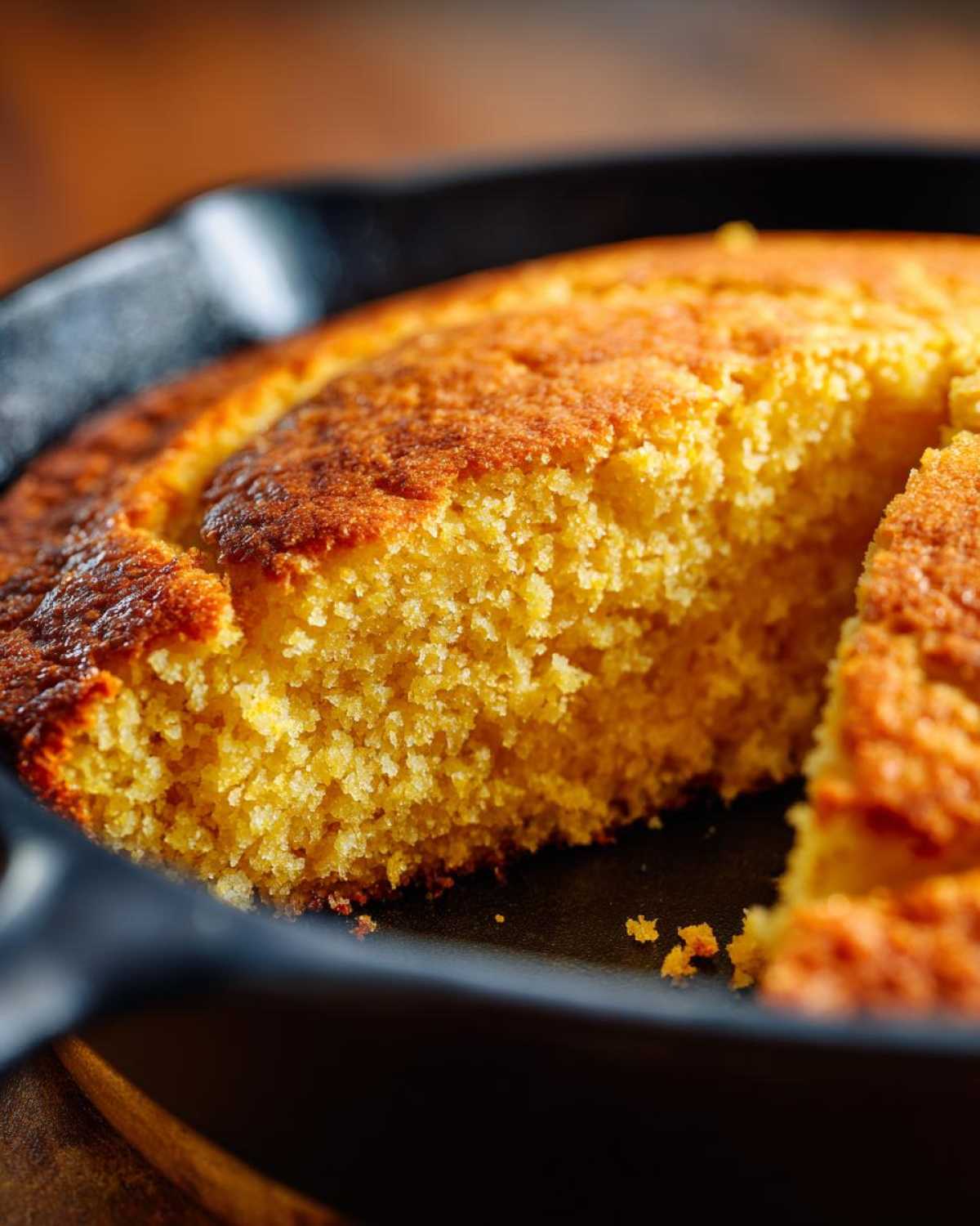 Close-up of golden yellow skillet cornbread with a dark, crispy crust, showing a slice removed.