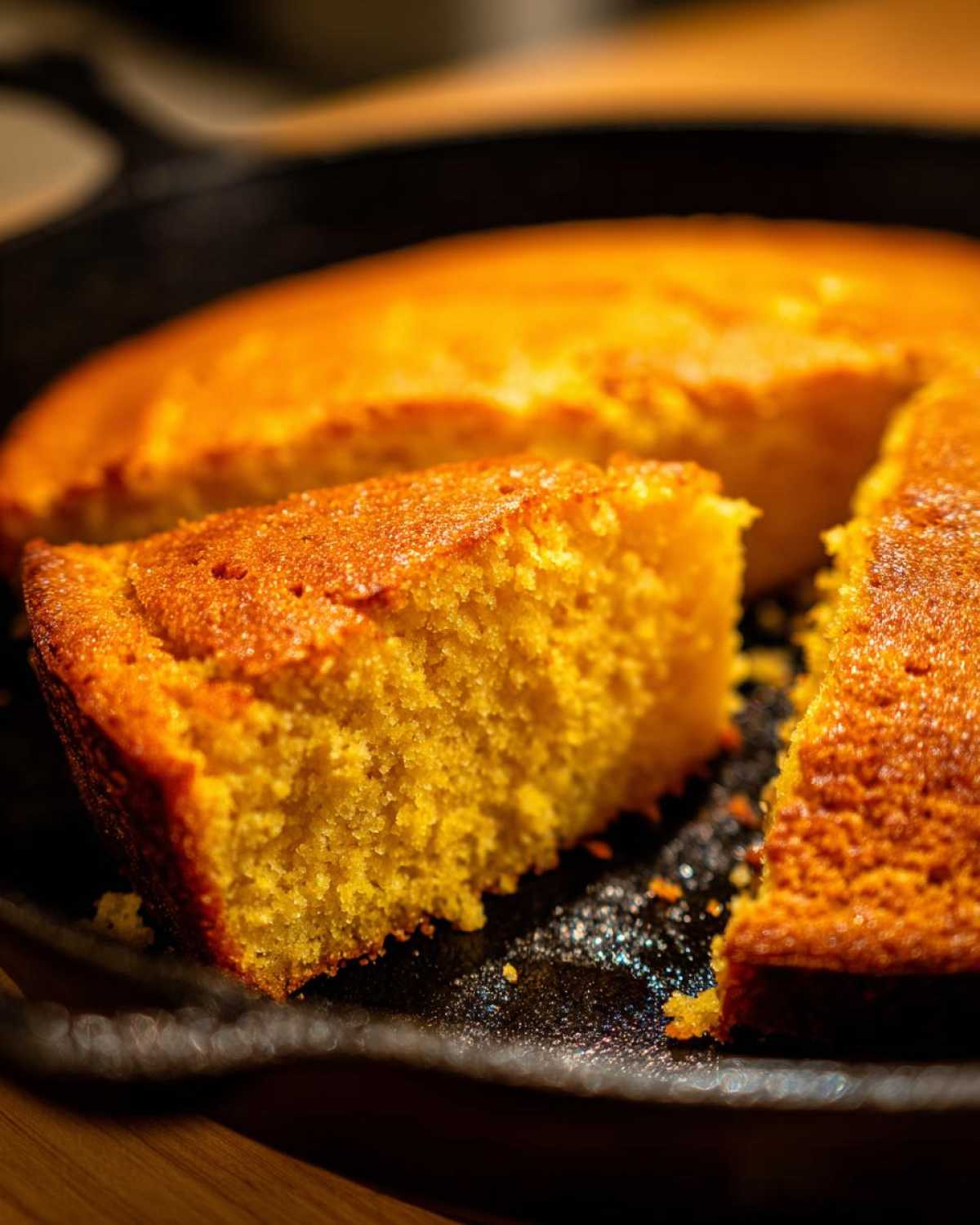 A close-up view of a freshly baked slice of golden skillet cornbread being pulled from the rest of the round bread in a dark cast iron skillet.