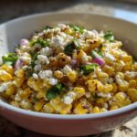 A close-up photo of a white bowl filled with vibrant yellow street corn salad topped with crumbled white cheese and fresh cilantro.